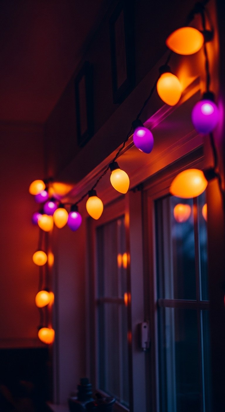 Retro Halloween kitchen with glowing orange and purple string lights draped over a window spooky evening ambiance