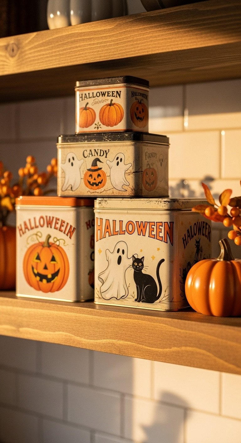 Retro Halloween kitchen with stacked vintage candy tins on a rustic shelf nostalgic autumn decor