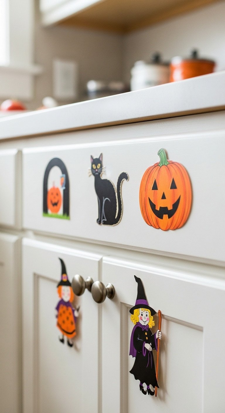 Retro Halloween kitchen with vintage Beistle die-cuts on white cabinets spooky holiday decor