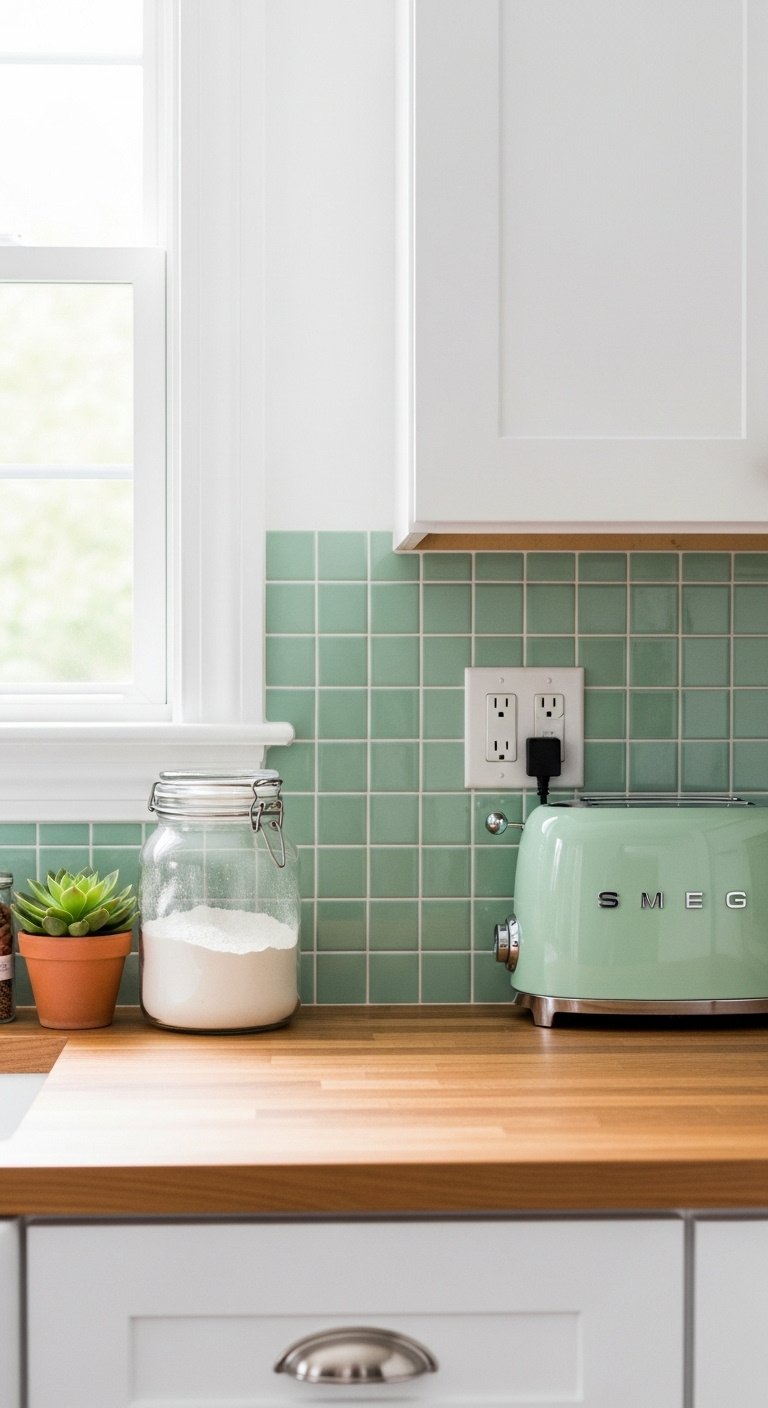 Retro cheerful mint green ceramic square tile backsplash with butcher block countertop and white cabinet