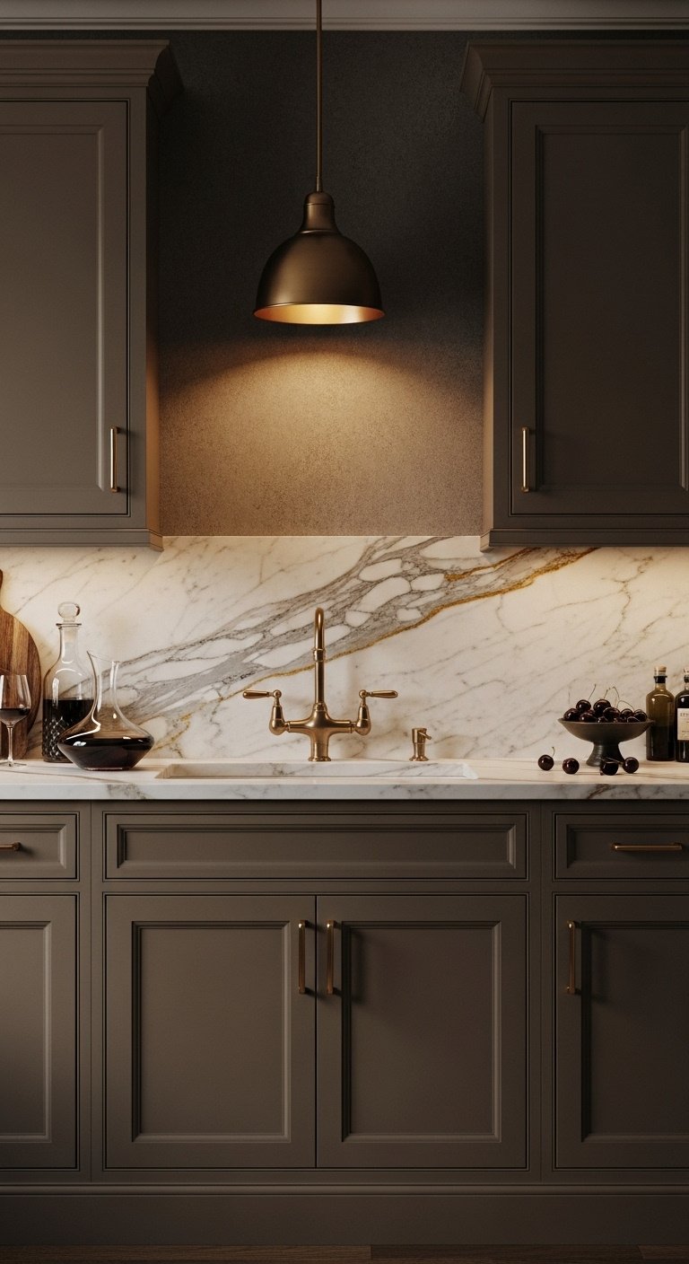 Rich dark taupe kitchen cabinets with brushed gold hardware and white marble countertop with gold veins