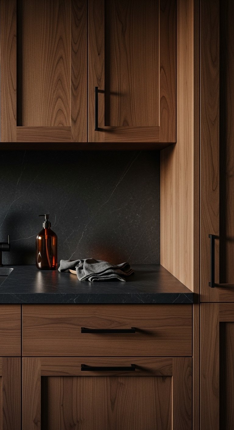 Rich mid-tone walnut wood kitchen cabinets with horizontal grain honed soapstone countertop dark textured wall matte black hardware