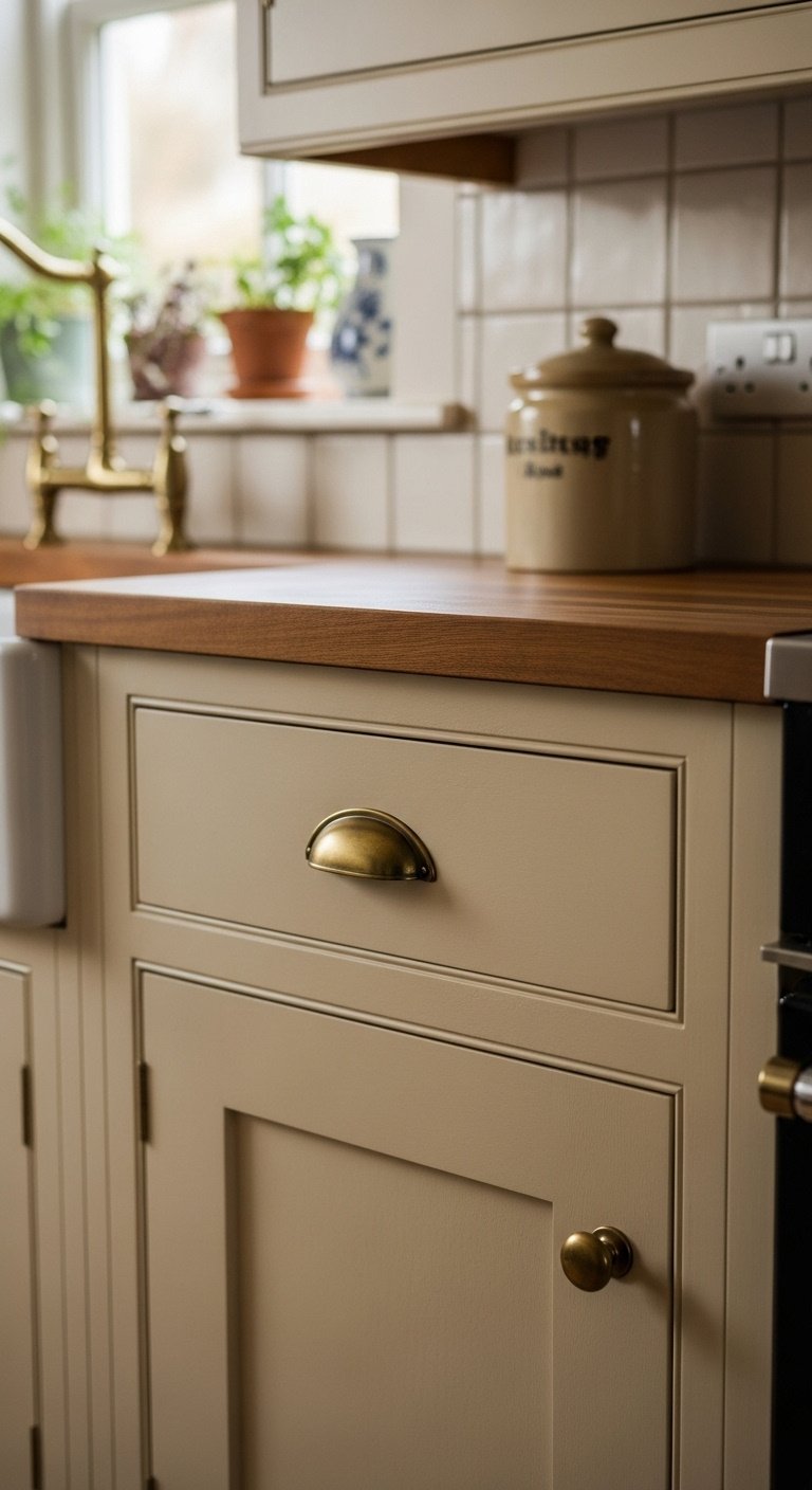 Rich pale cream kitchen cabinet with aged brass cup pull, butcher block counter and ceramic crock