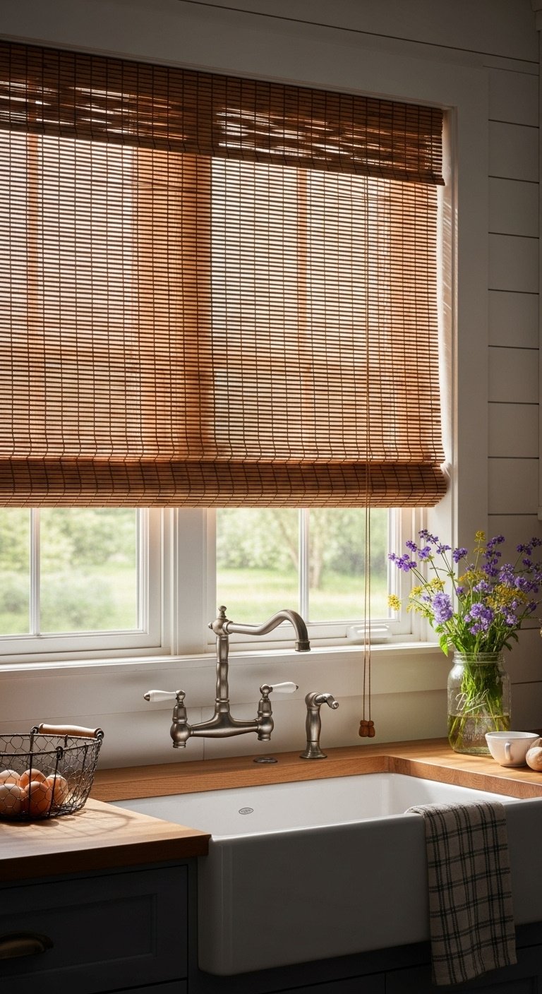Richly textured woven wood shade filtering sunlight over farmhouse kitchen sink with butcher block and fresh eggs