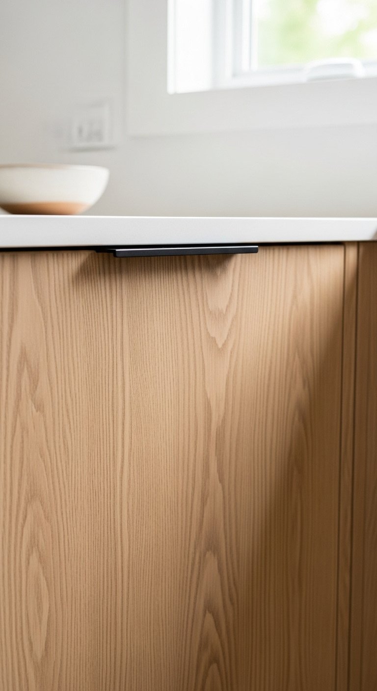Rift cut white oak kitchen cabinet with natural light stain and matte black finger pull