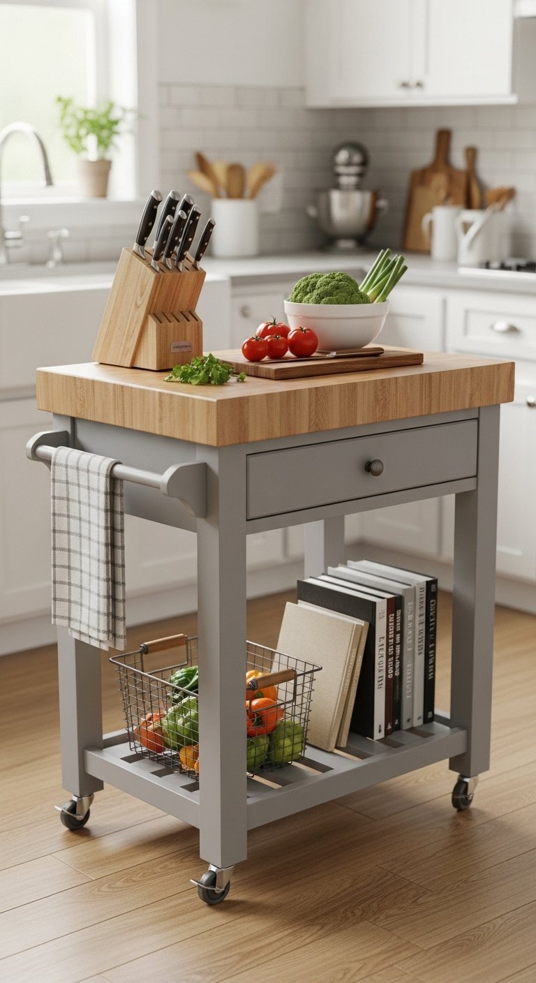 Rolling kitchen island cart with butcher block top soft gray base cookbooks and produce in a narrow galley kitchen