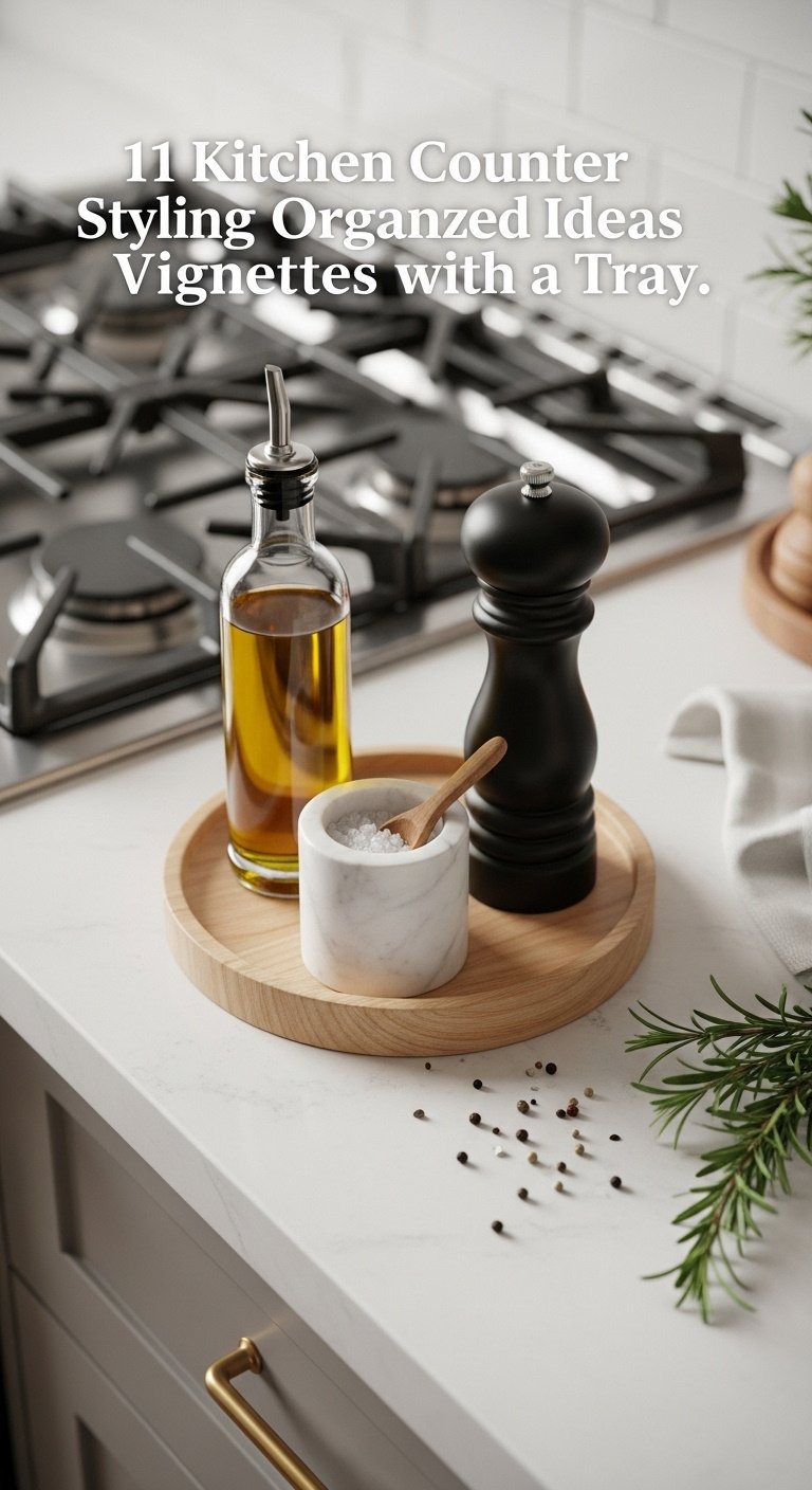 Round wooden tray with olive oil salt cellar and pepper grinder on white countertop