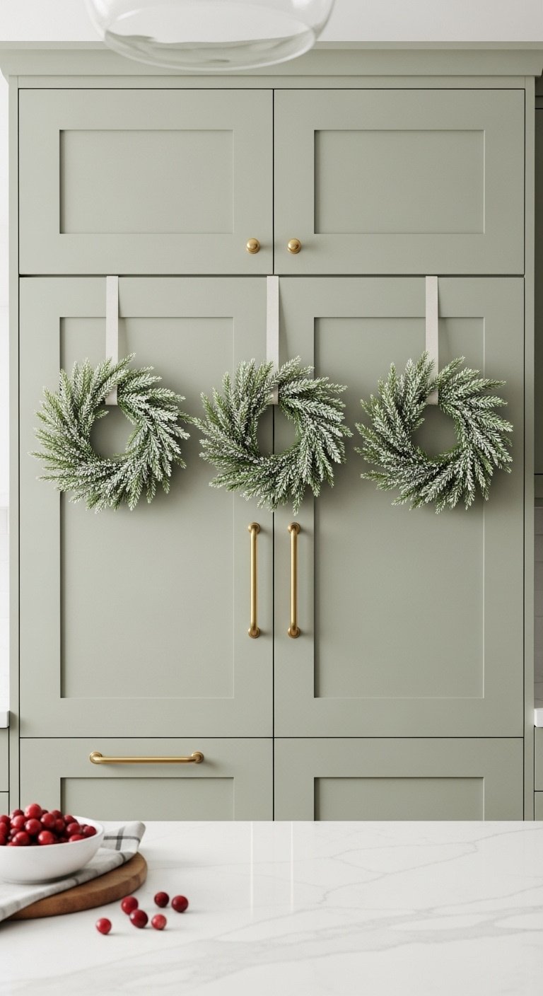 Row of three mini flocked evergreen wreaths with cream ribbons hanging on sage green kitchen cabinet doors