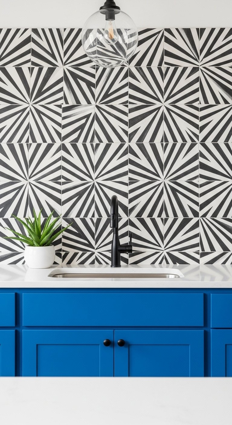 Royal blue lower cabinets with striking black and white geometric cement tile backsplash and white quartz countertop