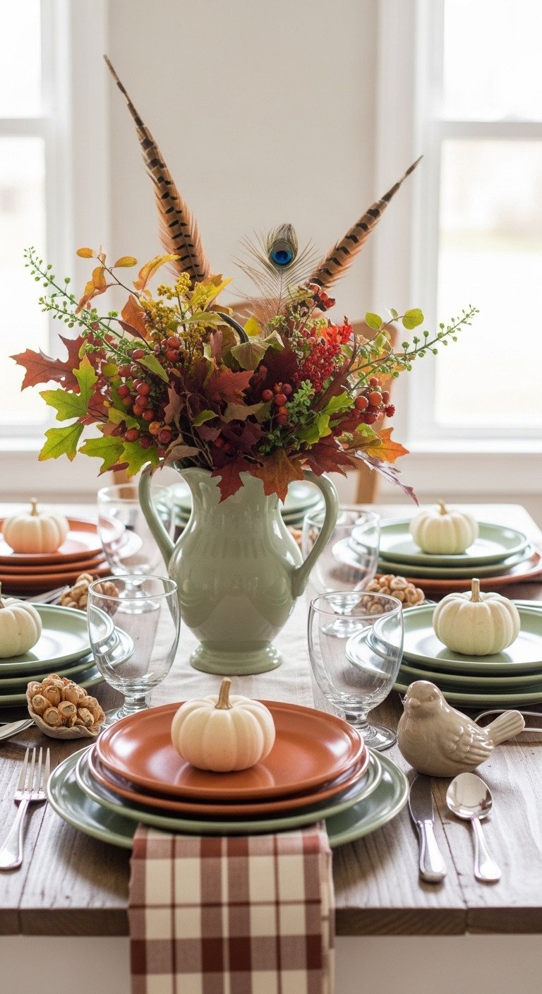 Rustic Thanksgiving table setting with fall foliage pheasant feathers mini white pumpkin and ceramic bird figurine