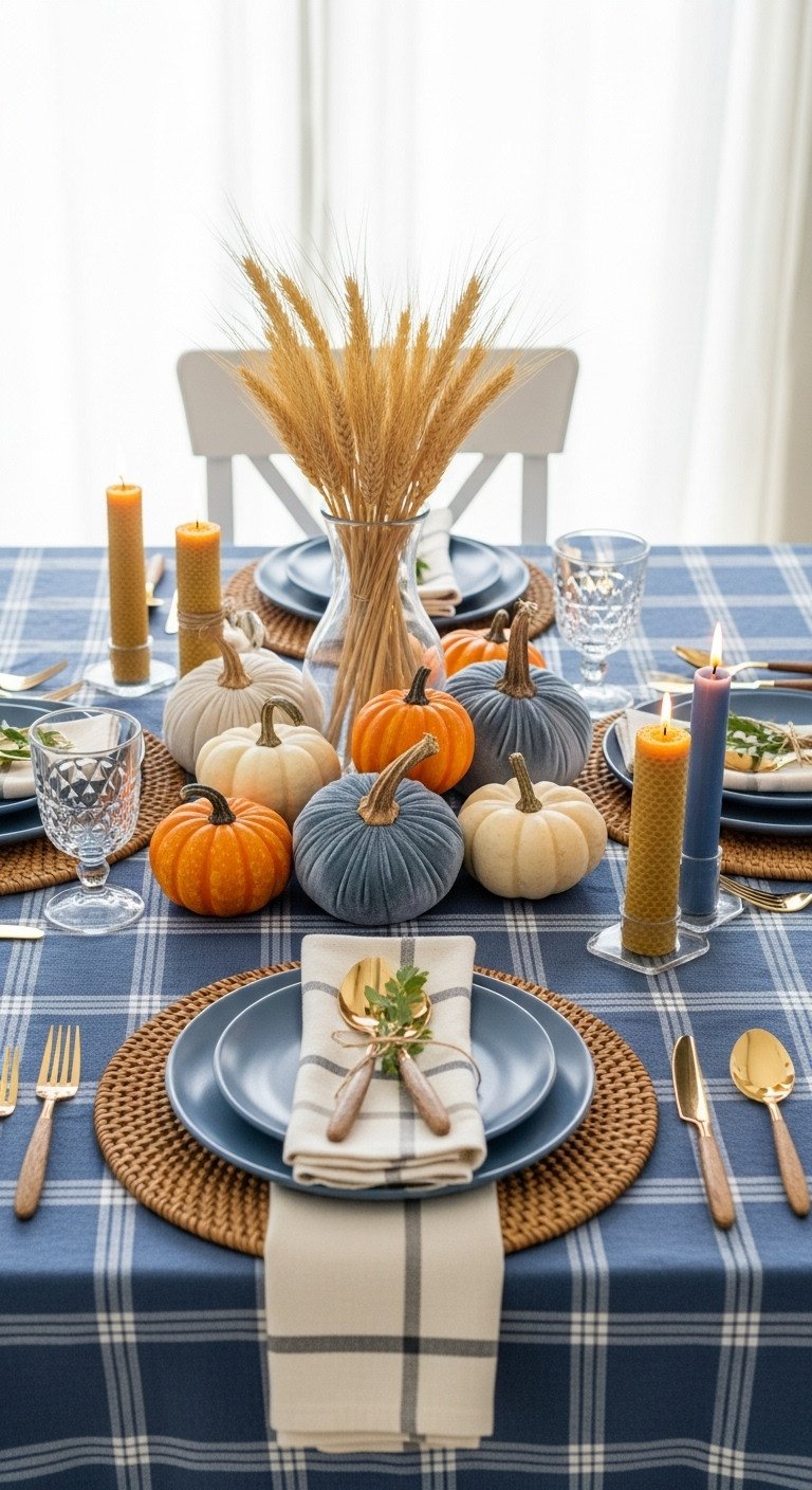 Rustic Thanksgiving table with blue plaid tablecloth gourds wheat stalks and dusty blue velvet pumpkins