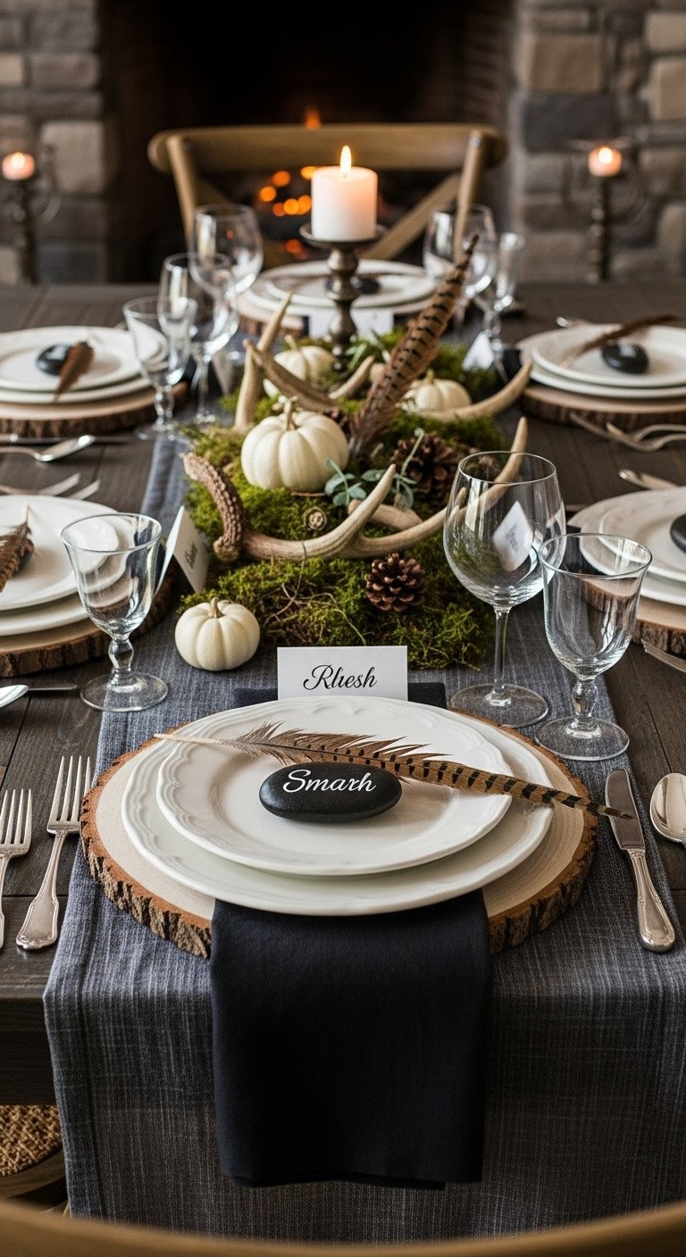 Rustic black and white Thanksgiving table with charcoal linen runner wood slice chargers white plates and antler moss centerpiece