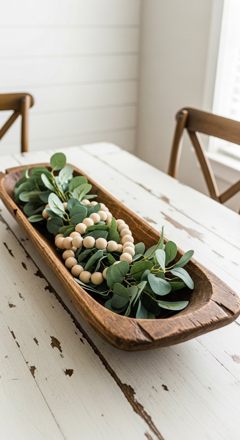 Rustic dark wood dough bowl centerpiece with faux eucalyptus garland and wooden beads on a distressed white farmhouse dining table