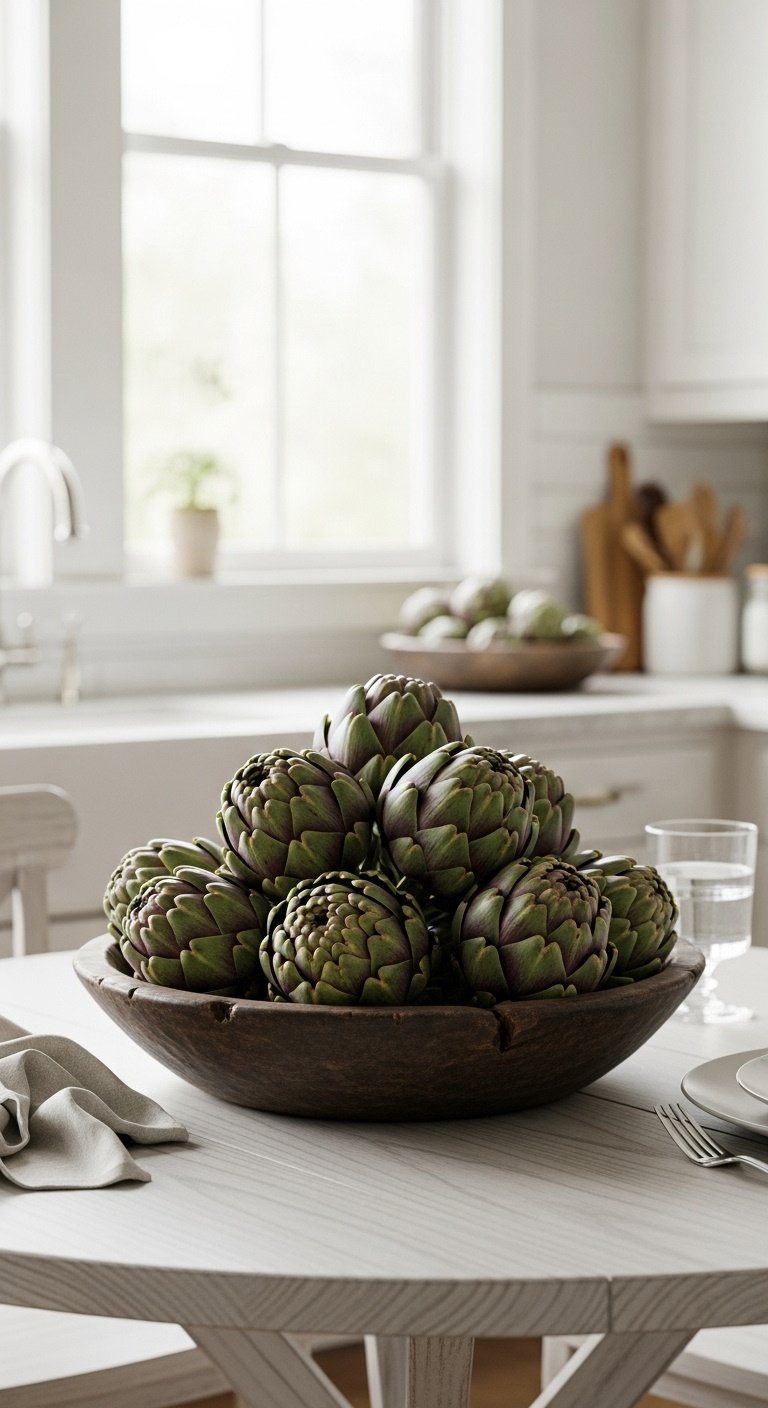 Rustic dark wooden bowl filled with fresh green and purple artichokes as an edible centerpiece on a white-washed kitchen table