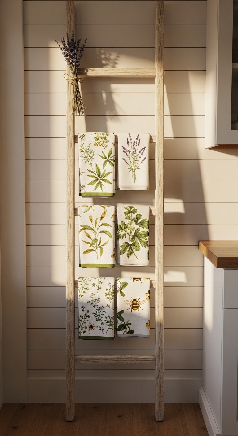 Rustic decorative ladder with botanical and bee print tea towels on a shiplap wall in a farmhouse kitchen