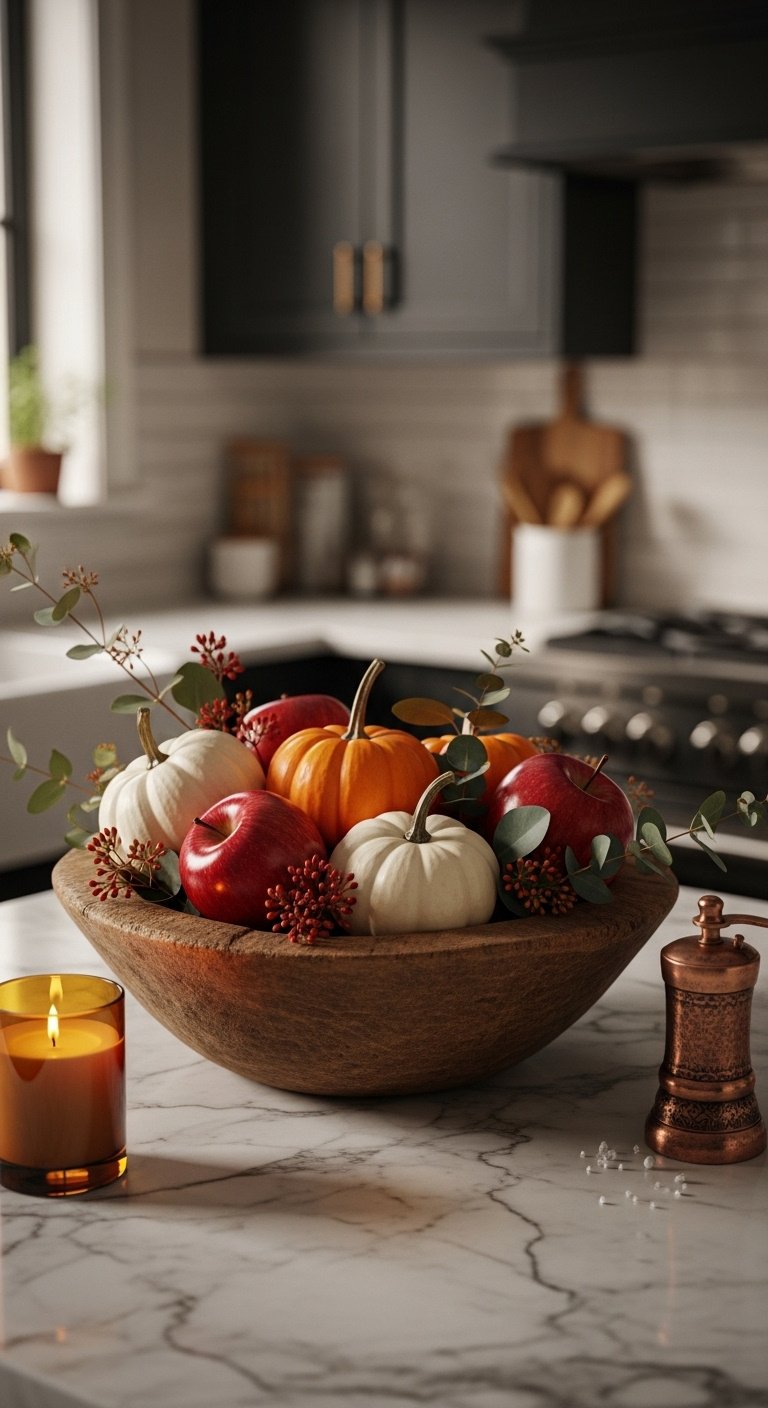 Rustic dough bowl centerpiece with pumpkins apples and eucalyptus on marble, cozy fall kitchen decor
