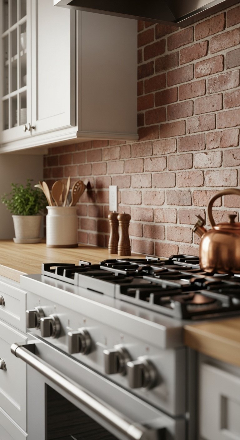 Rustic farmhouse kitchen with a red brick backsplash white counters and wooden accents under natural light
