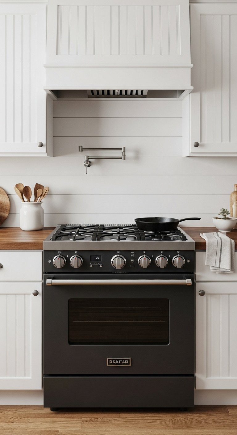 Rustic farmhouse white kitchen with modern black range white beadboard cabinets butcher-block countertop and wooden spoons