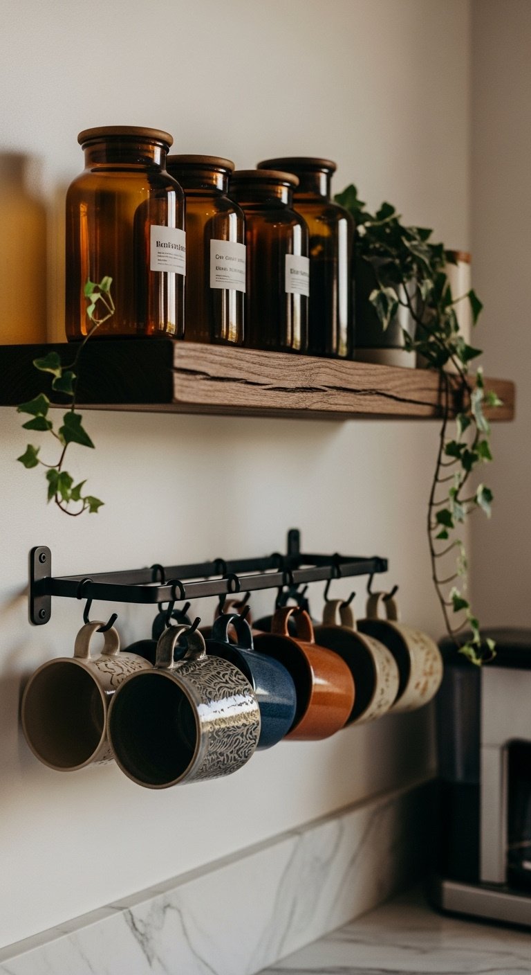 Rustic floating shelf with amber jars and trailing plant above a black metal mug rack with colorful mugs and a coffee maker corner
