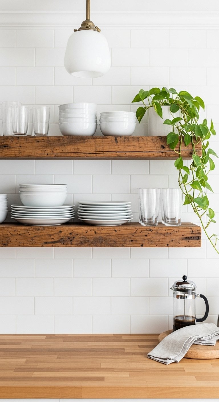 Rustic floating shelves on white subway tile with plates glassware and a plant creating open space in a small kitchen