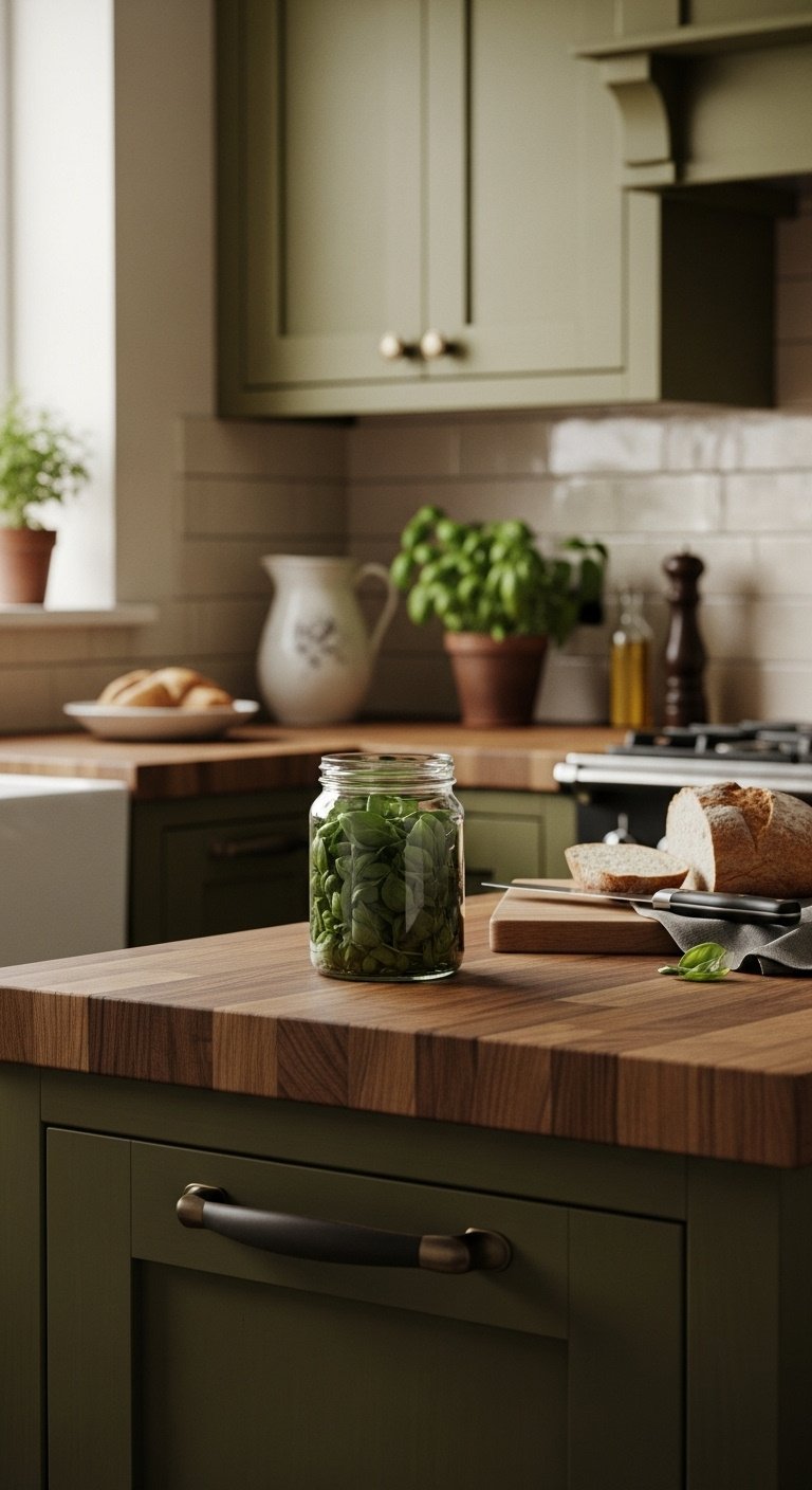 Rustic kitchen olive green cabinets butcher block countertop ceramic pitcher basil plant crusty bread natural light