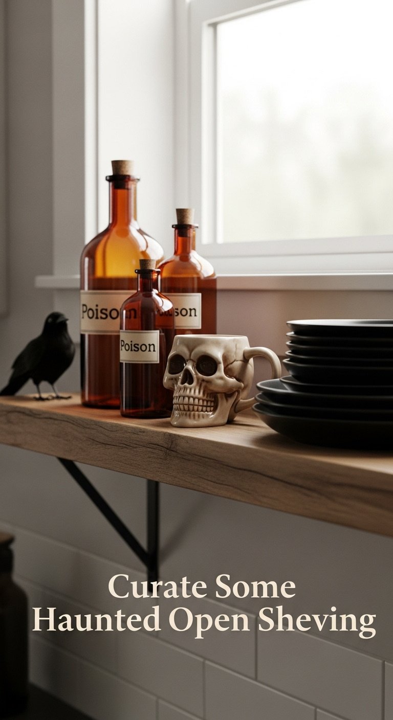Rustic kitchen shelf with amber glass poison bottles, a skull mug, black plates, and a faux raven for Halloween decor