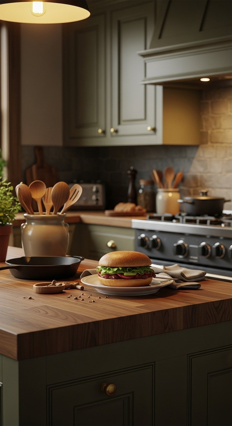 Rustic olive green shaker kitchen cabinets with butcher block countertops cast iron skillet wooden spoons herb plant moody light