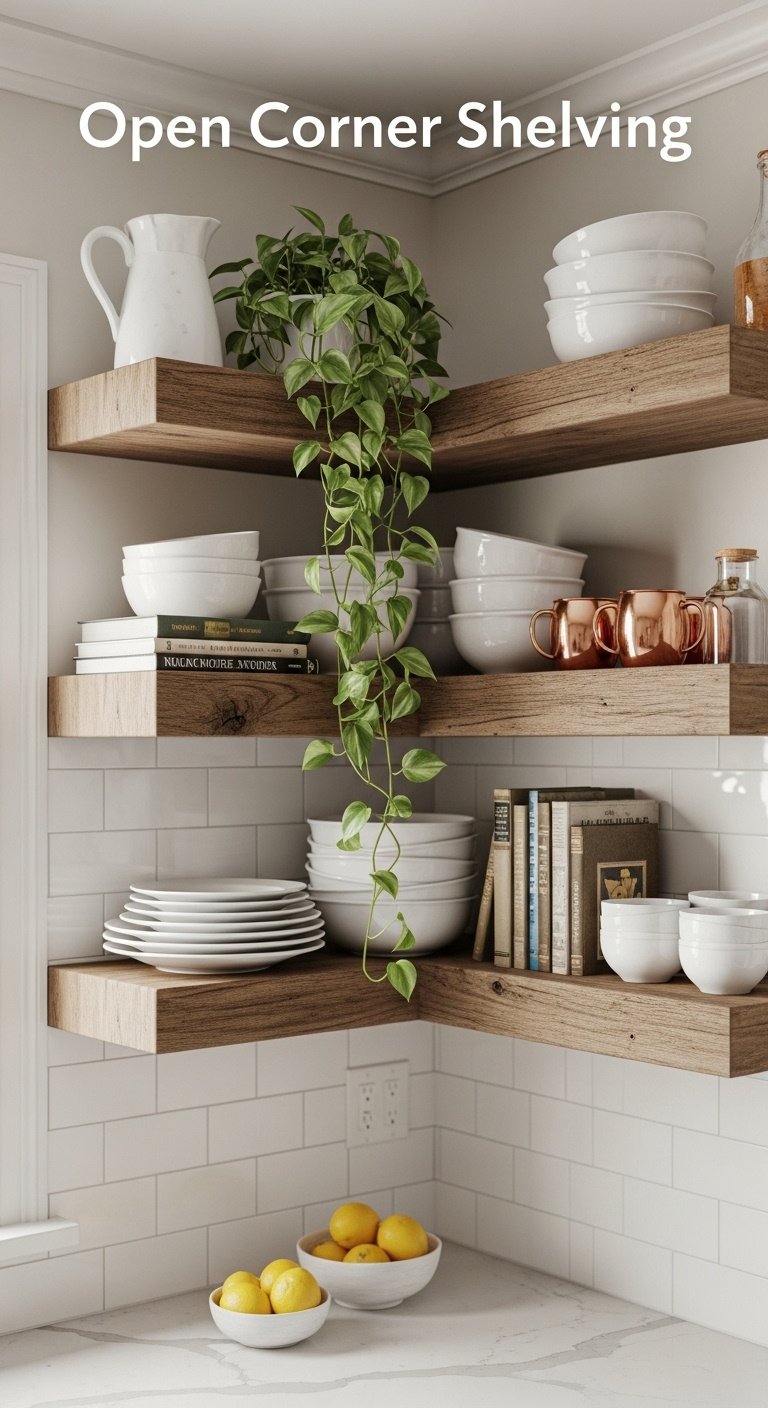 Rustic open corner shelves in a farmhouse kitchen, styled with white dishes, a plant, cookbooks, and copper mugs, soft natural light