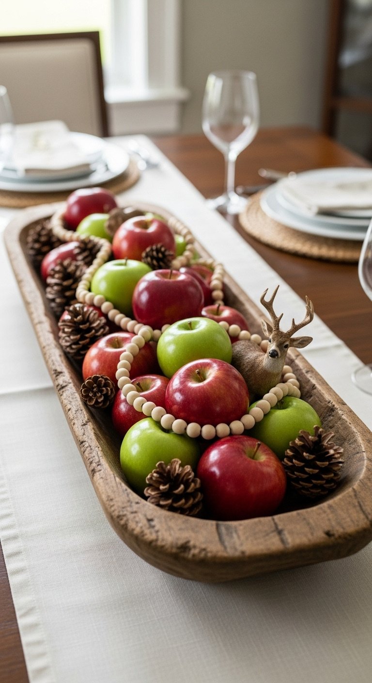 Rustic orchard centerpiece for a fall tablescape with a wooden dough bowl red and green apples pinecones and a deer shed