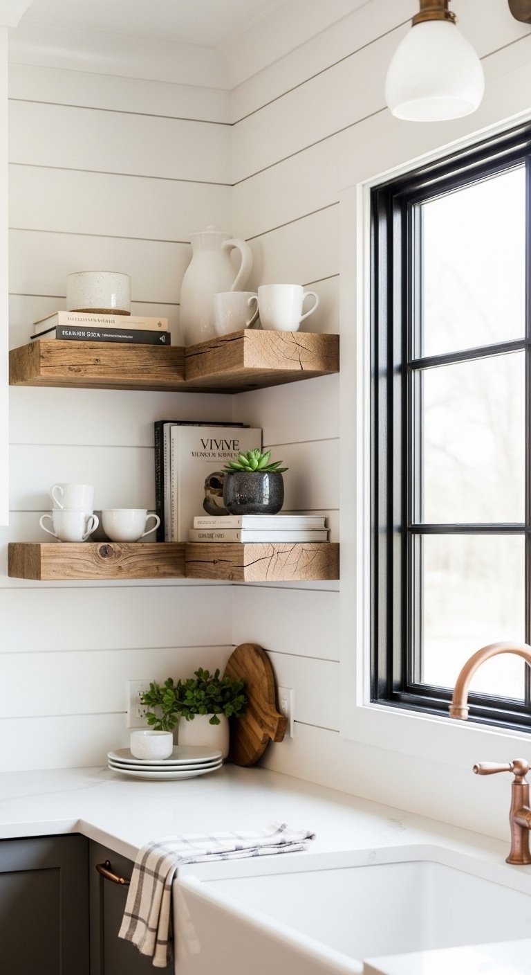 Rustic reclaimed wood floating shelves framing modern black-framed kitchen window with mugs succulent and cookbooks