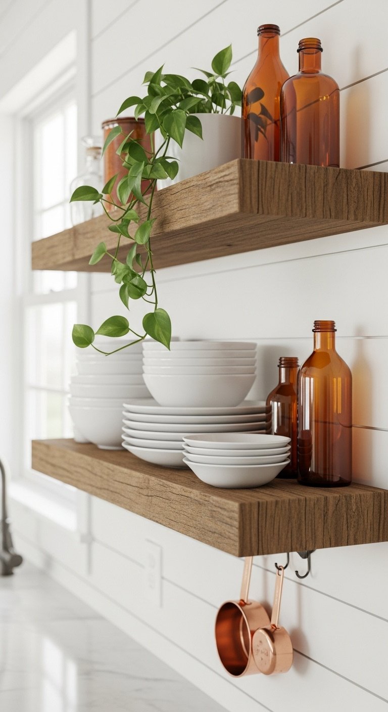 Rustic reclaimed wood floating shelves on shiplap wall with white ceramic plates pothos plant vintage amber glass bottles copper measuring cups