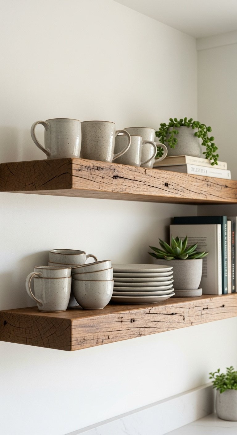 Rustic reclaimed wood floating shelves styled with ceramic mugs, stoneware plates, succulent, cookbooks, bright studio light, cozy kitchen