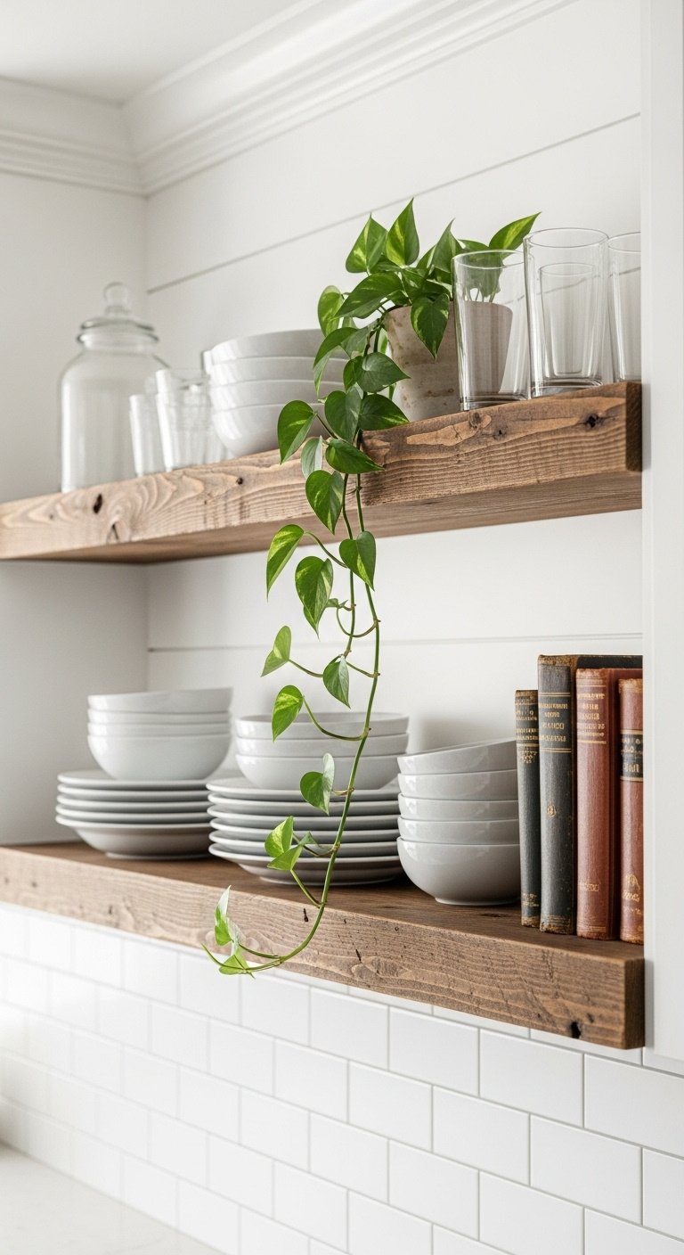 Rustic reclaimed wood open shelves on a white shiplap wall styled with white dishes plants and cookbooks in a bright kitchen