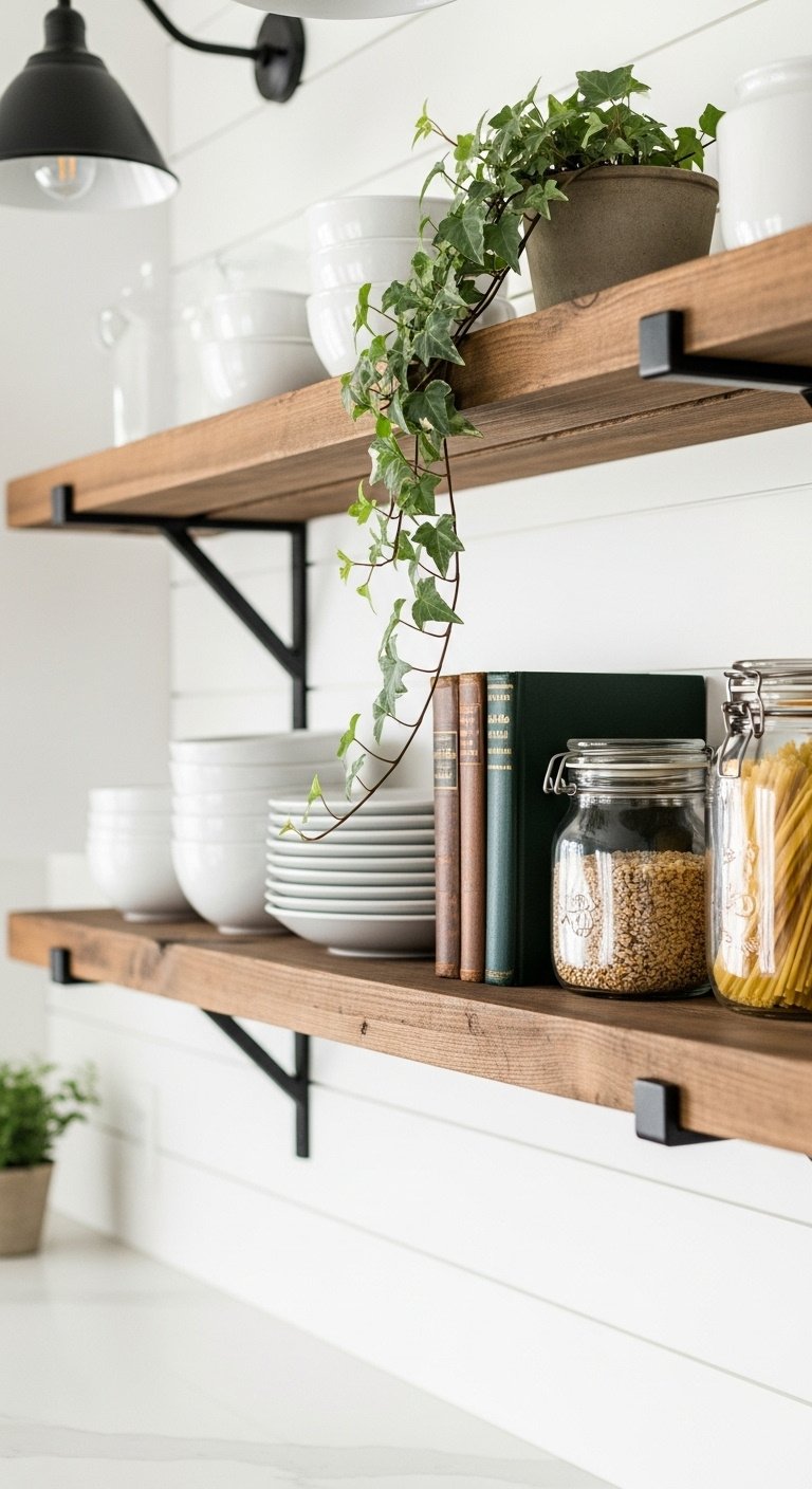 Rustic reclaimed wood open shelves on shiplap wall with white plates and plants in a bright kitchen