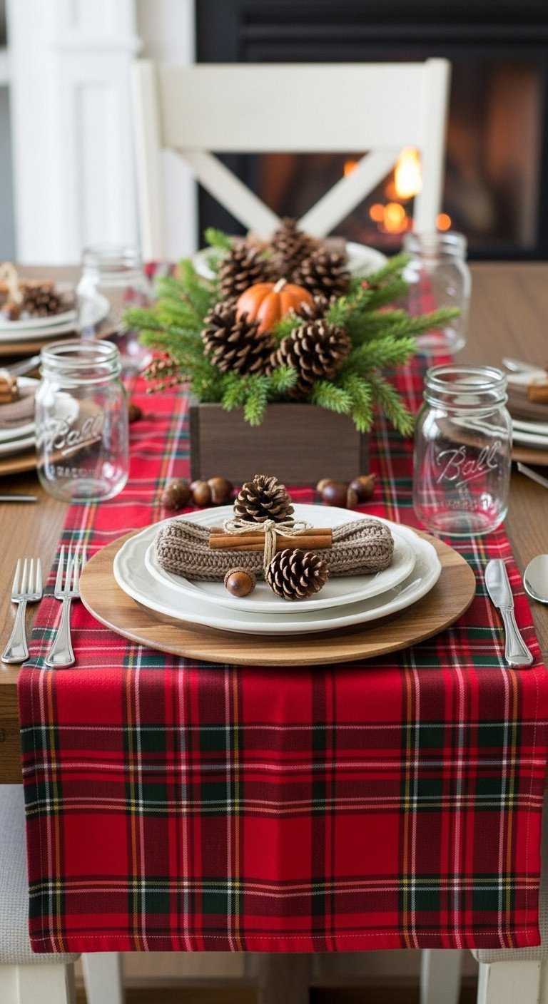 Rustic red plaid Thanksgiving table decor with wooden chargers cinnamon pinecone place cards and evergreen centerpiece