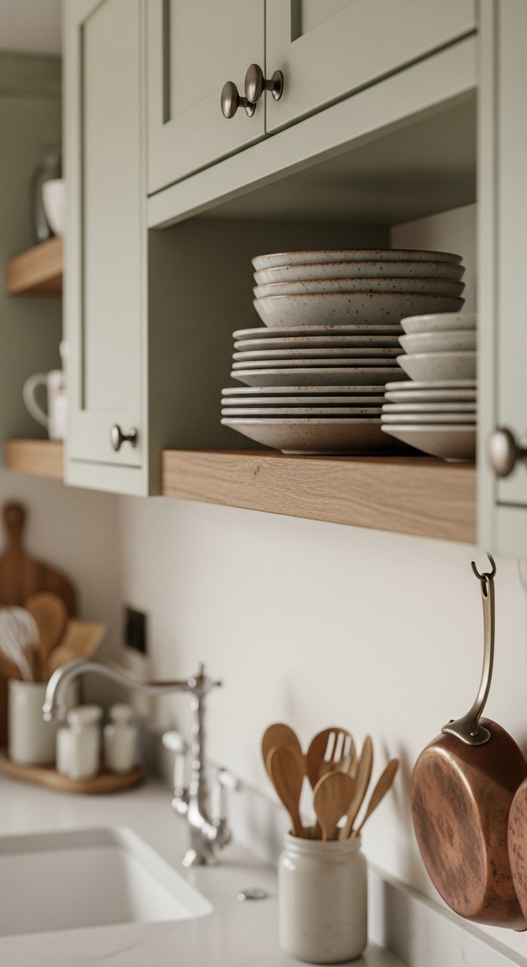 Rustic stoneware plates on natural wood open shelf above sage green lower cabinets wooden spoons copper pot