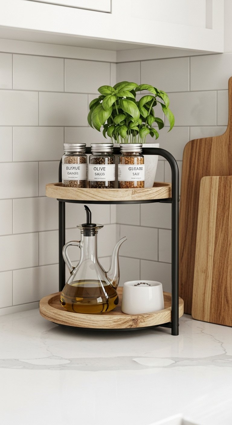 Rustic tiered organizer on kitchen counter with olive oil spice jars and basil plant in natural light