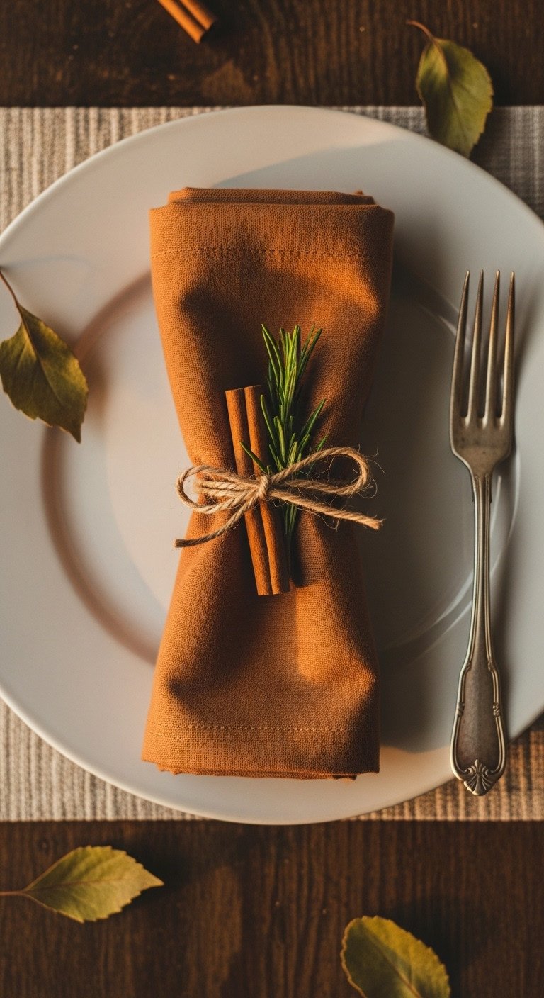Rustic twine and cinnamon stick napkin ring with cloth napkin cinnamon stick and rosemary sprig on dark wooden surface