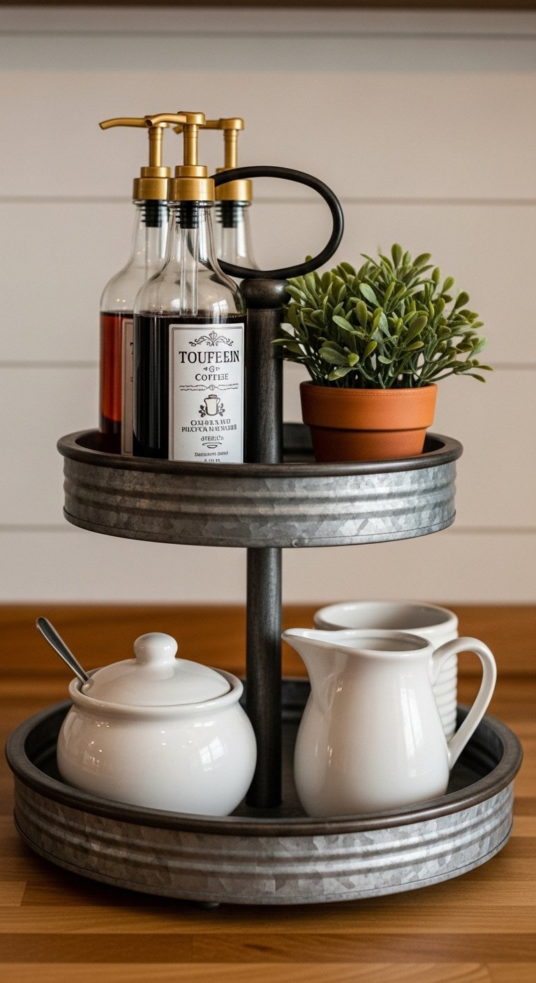 Rustic two-tiered tray with sugar bowl milk pitcher coffee syrup bottles and faux plant on butcher block counter