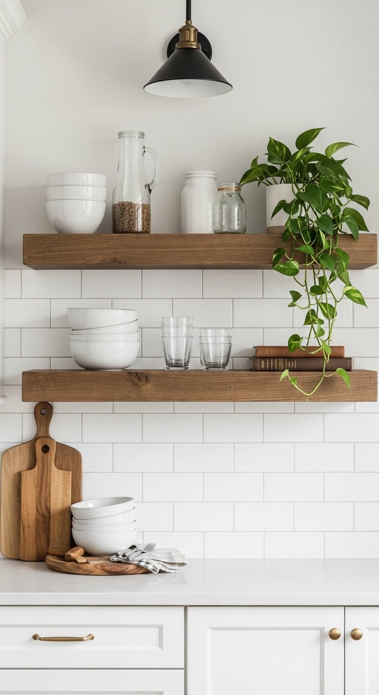 Rustic wood floating shelves on subway tile with white bowls, glasses, pothos plant, and vintage cookbooks