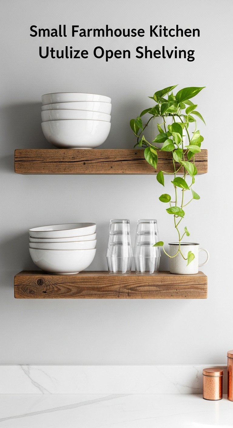 Rustic wood floating shelves with white bowls, glasses, pothos, coffee mug, and copper canister on a gray wall