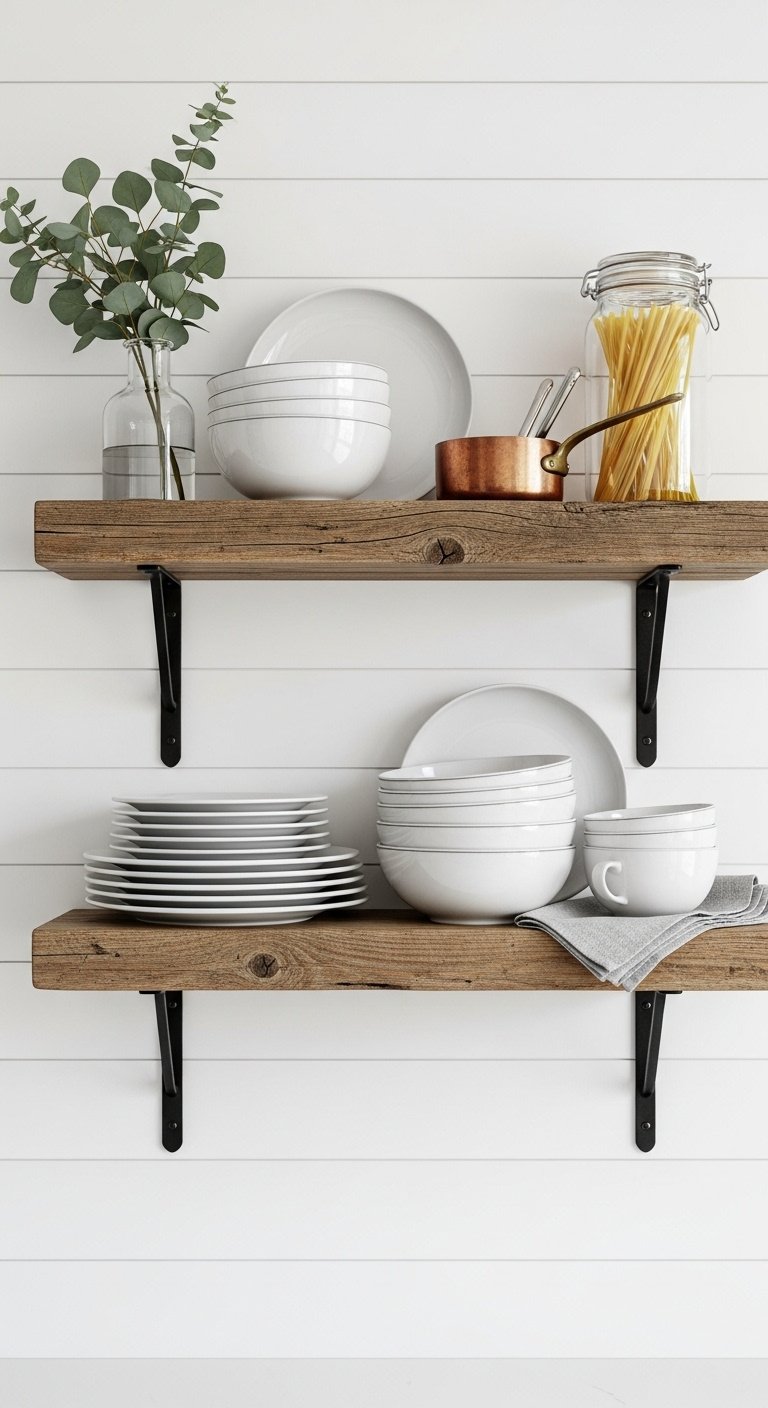 Rustic wood open shelves on shiplap wall with white ceramic dinnerware copper pot and pasta jar