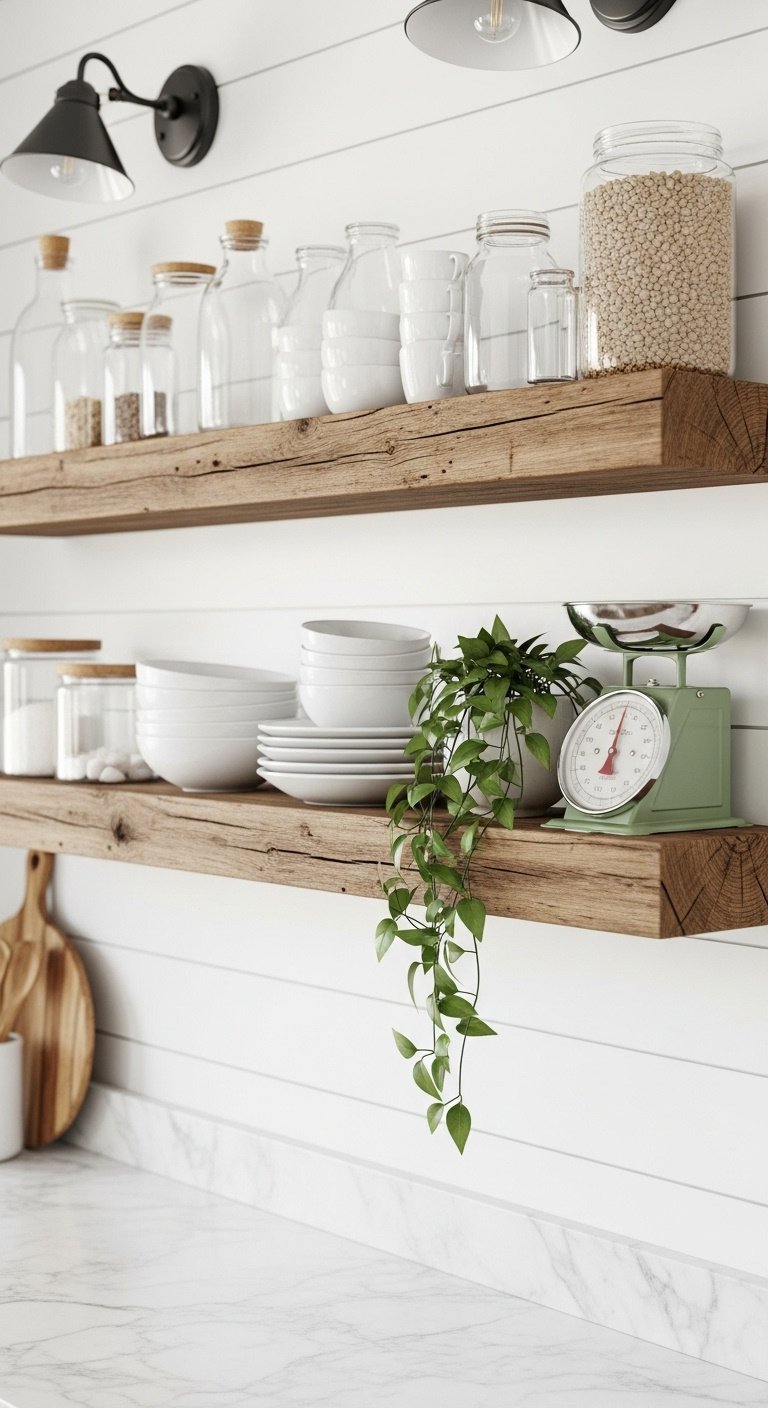 Rustic wood open shelves on shiplap with white plates, pothos plant, and vintage scale above a marble counter