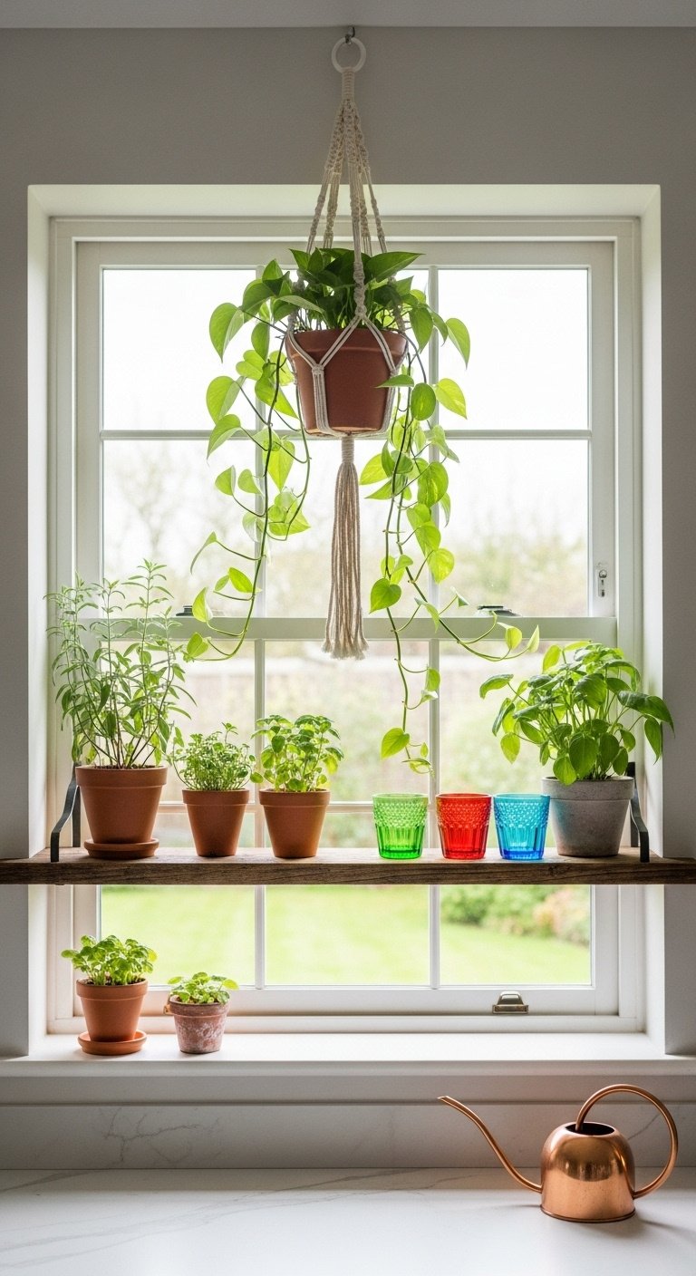 Rustic wood shelf with herbs glassware and macrame plant holder with trailing pothos in kitchen window