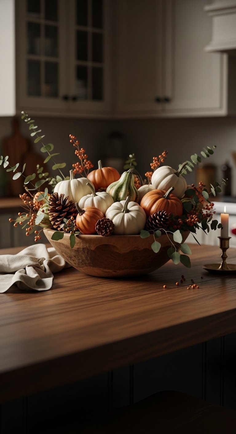 Rustic wooden bowl filled with mini white and orange pumpkins gourds pinecones and dried eucalyptus on a dark wood kitchen island