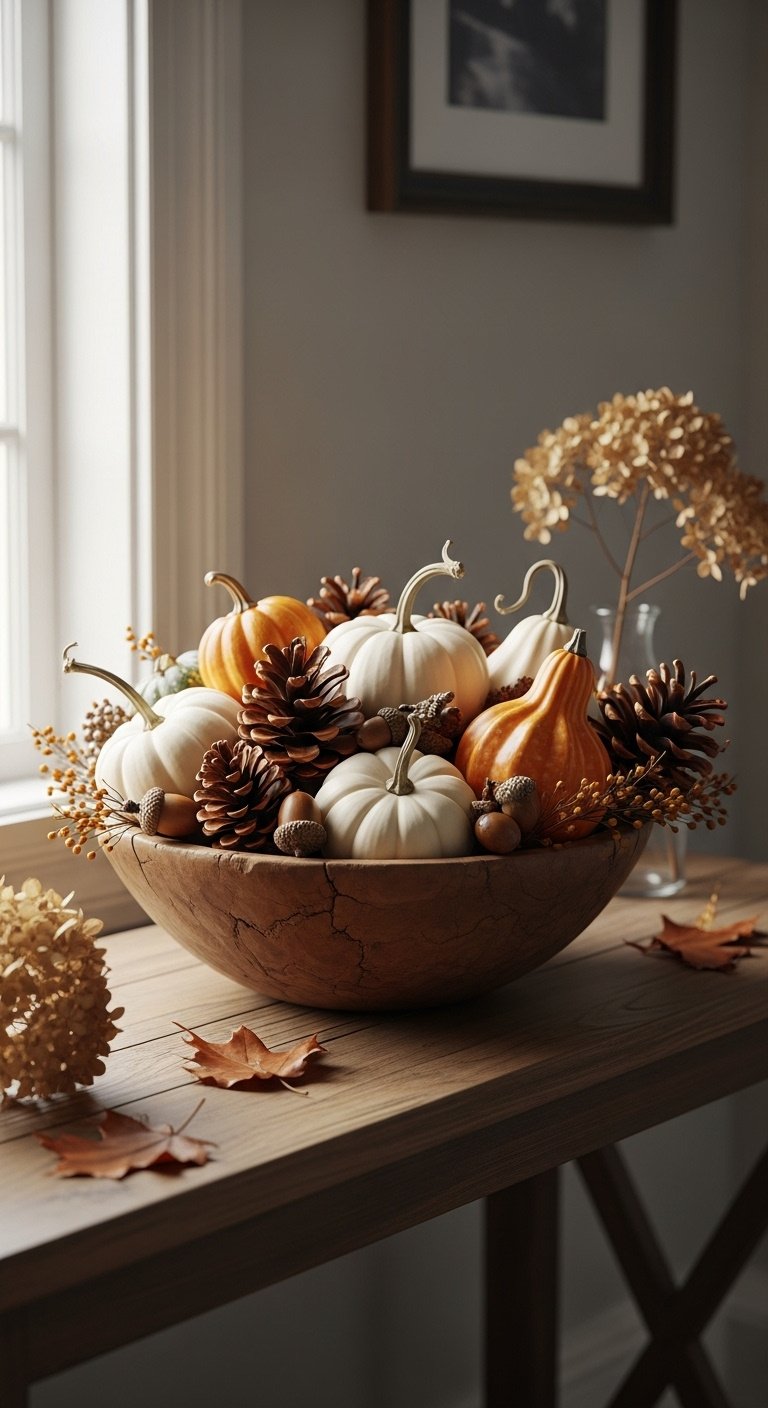 Rustic wooden bowl with white pumpkins gourds pinecones acorns on a fall entry table with natural light and blurred background