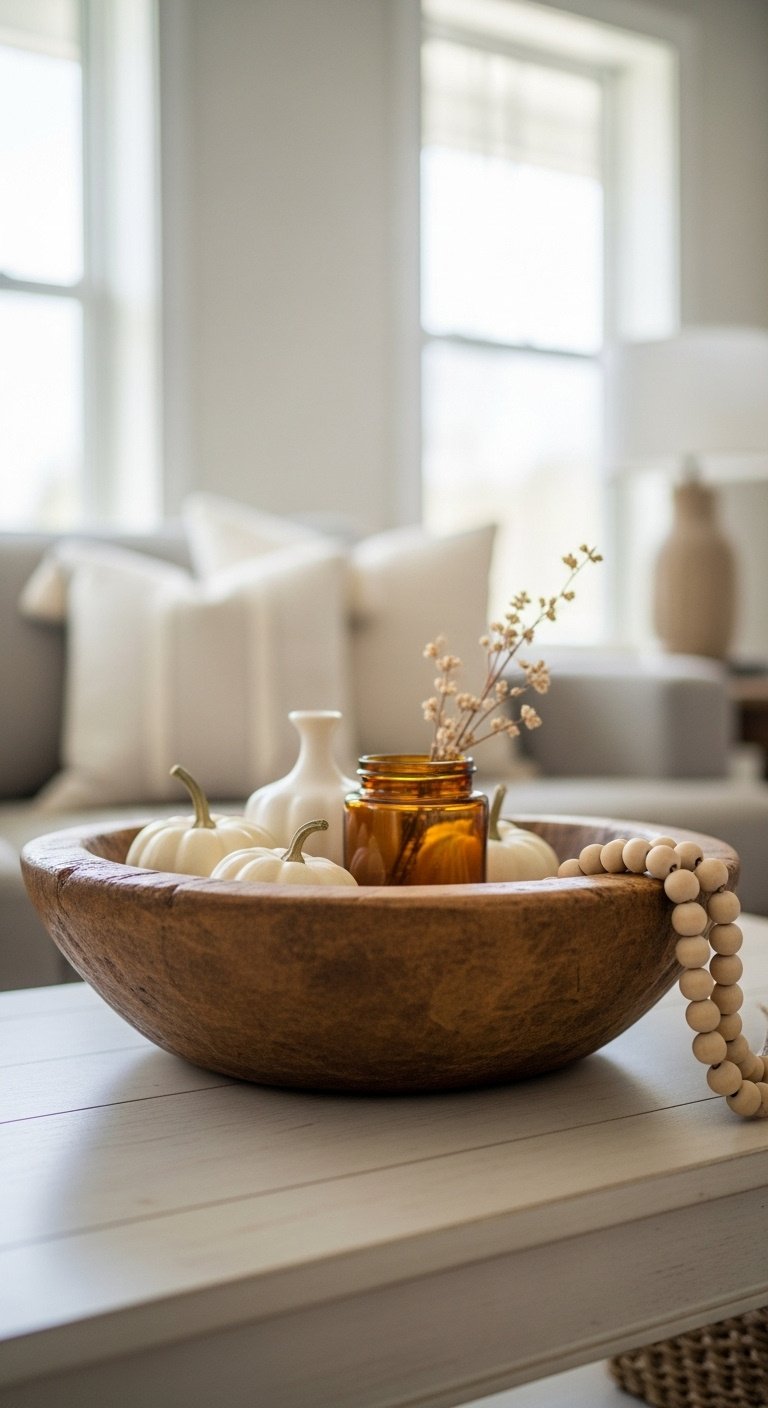Rustic wooden dough bowl with fall decor on a modern farmhouse coffee table in a cozy living room