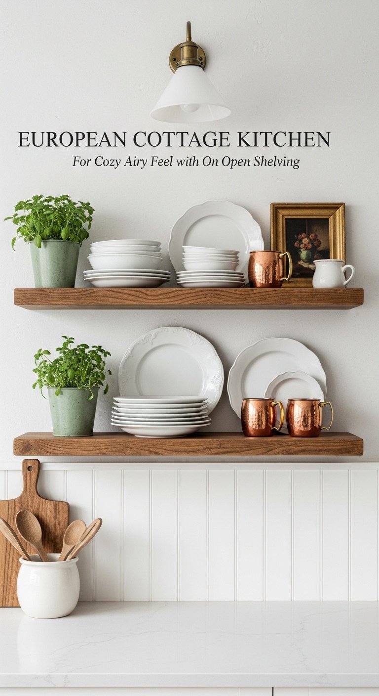 Rustic wooden floating shelves on a plaster wall with white ceramic plates potted herbs and copper mugs