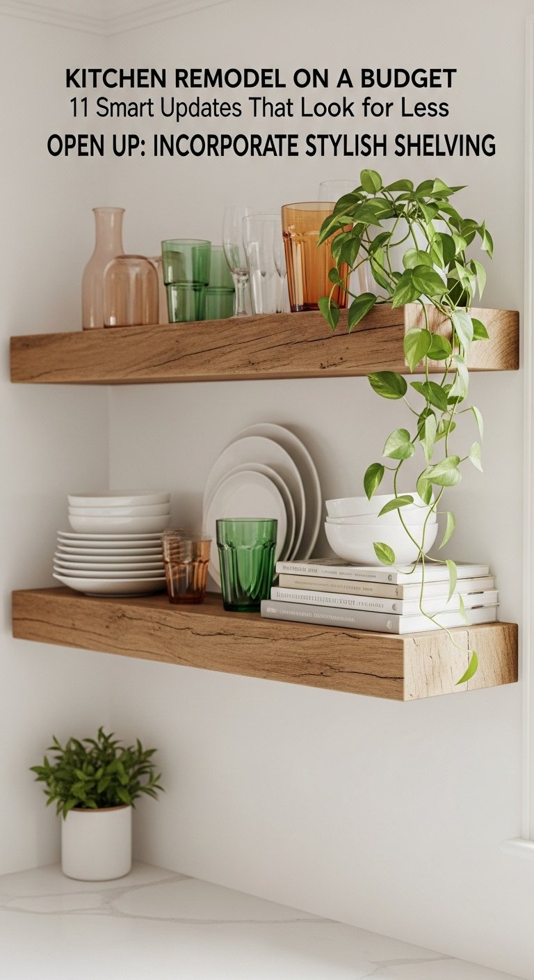 Rustic wooden floating shelves on a white kitchen wall with neatly arranged white plates colored glassware a plant and cookbooks