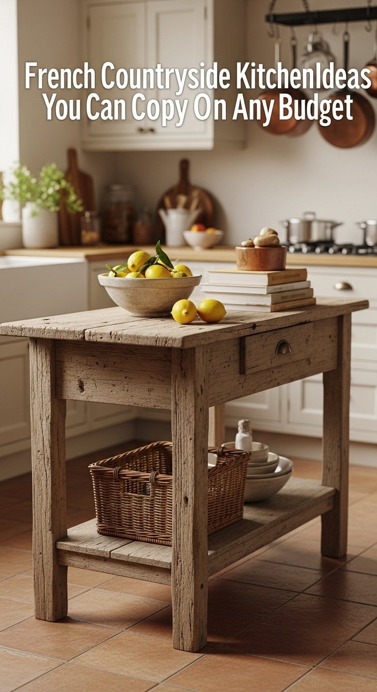 Rustic wooden kitchen island with lemons cookbooks and a woven basket on terracotta tile floor in a French countryside kitchen